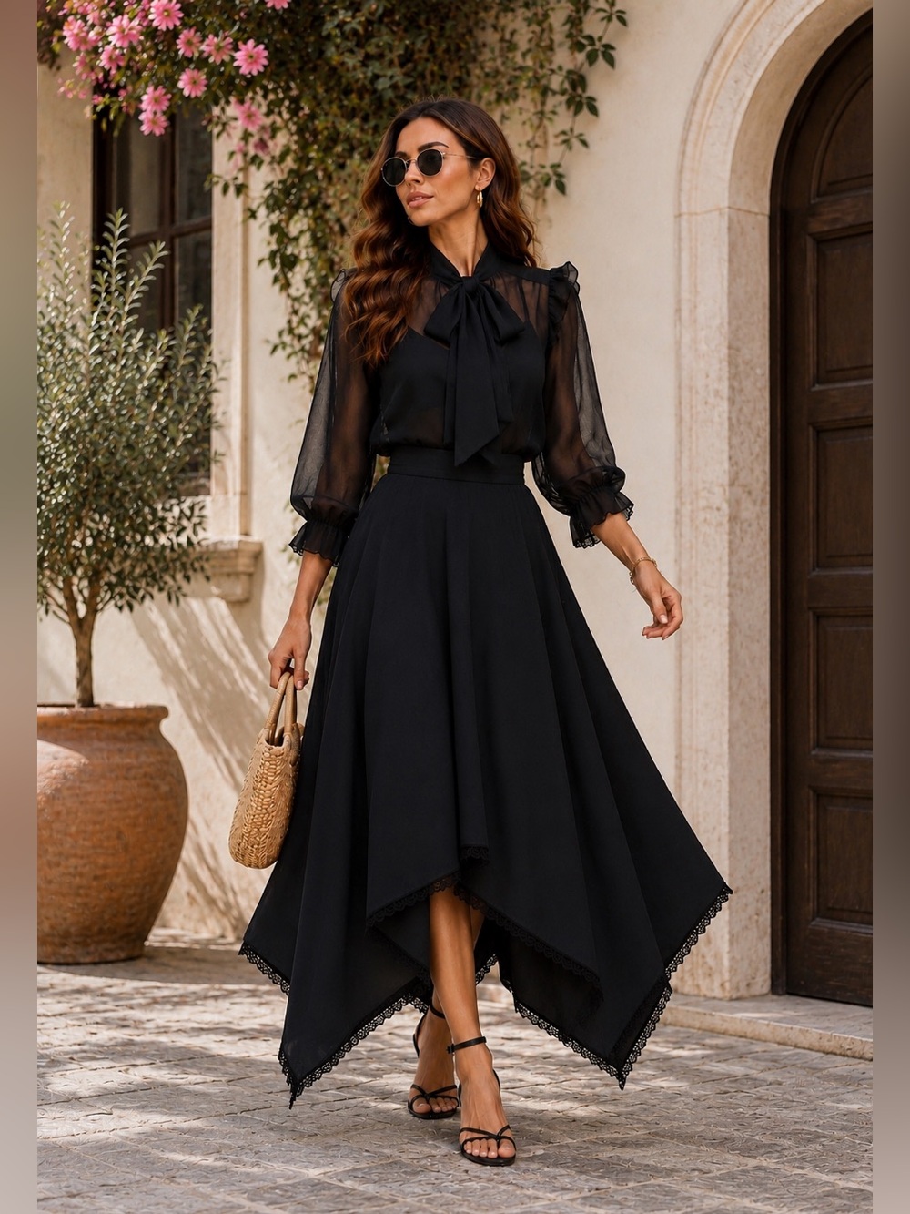 Paris-Inspired Black Asymmetrical Midi Skirt • Size Medium